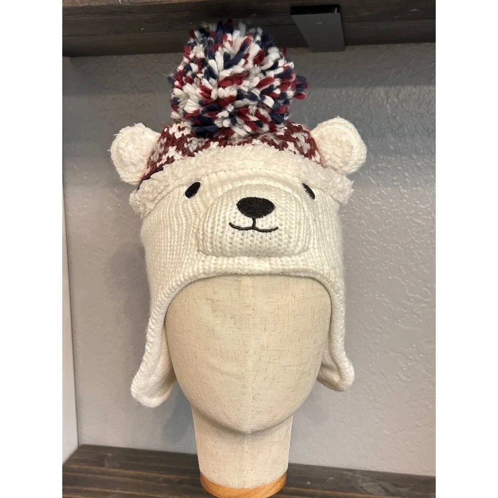 Polar Bear Knit Hat Beanie White Red Blue Pom Pom Winter Fall‎